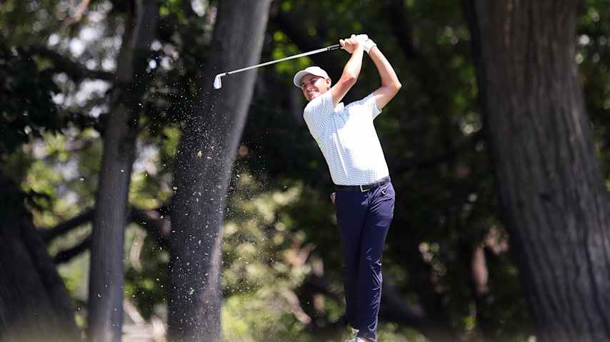 Mac Meissner of the United States plays a shot on the fifth hole during the second round of the Charles Schwab Challenge 2025 at Colonial Country Club on May 23, 2025 in Fort Worth, Texas. (Raj Mehta/Getty Images)