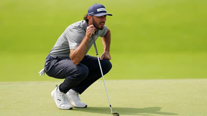 Max Homa of the United States lines up a putt on the 18th green during the third round of the Memorial Tournament presented by Workday 2025 at Muirfield Village Golf Club on May 31, 2025 in Dublin, Ohio. (Dylan Buell/Getty Images)