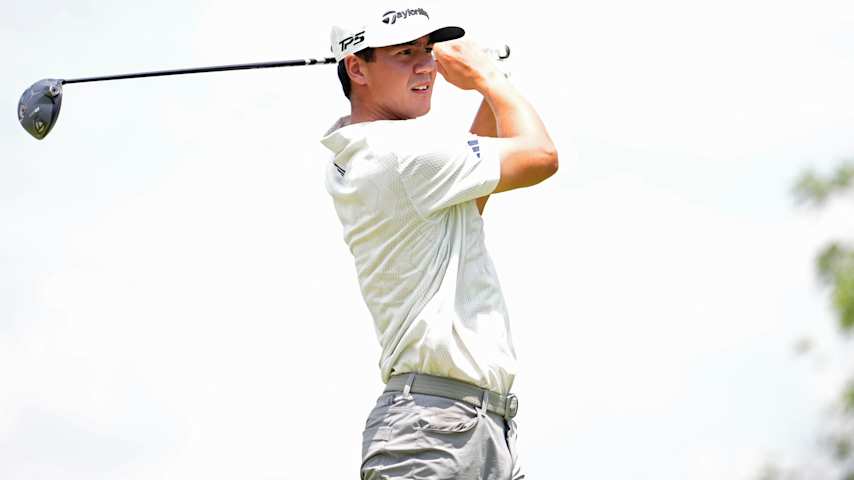 Michael Thorbjornsen of the United States plays his shot from the 14th tee during the first round of the Charles Schwab Challenge 2025 at Colonial Country Club on May 22, 2025 in Fort Worth, Texas. (Raj Mehta/Getty Images)