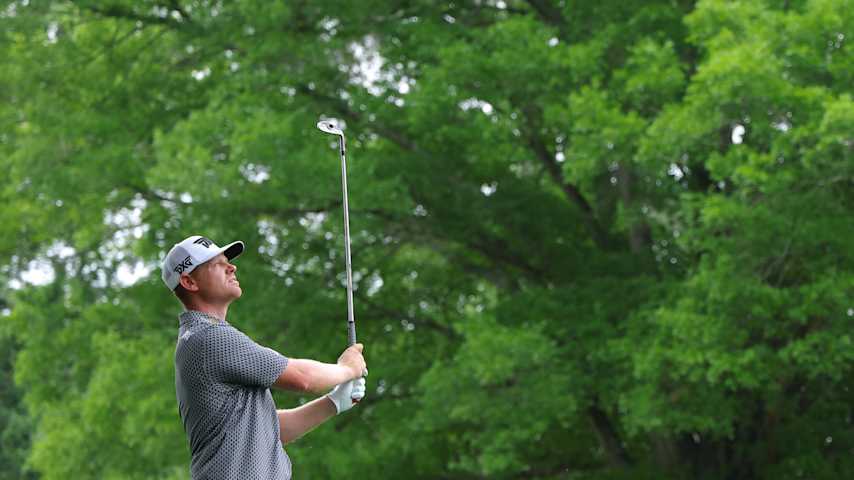Patrick Fishburn of the United States watches an approach shot on the second hole during the second round of the PGA Championship at Quail Hollow Country Club on May 16, 2025 in Charlotte, North Carolina. (Kevin C. Cox/Getty Images)