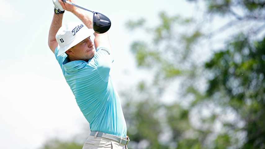 Peter Malnati of the United States plays his shot from the 14th tee during the first round of the Charles Schwab Challenge 2025 at Colonial Country Club on May 22, 2025 in Fort Worth, Texas. (Raj Mehta/Getty Images)