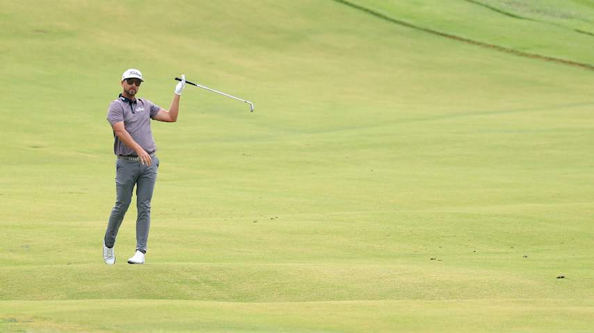 Roger Sloan of Canada reacts to his shot on the 11th hole during the first round of the UNC Health Championship presented by STITCH 2025 at Raleigh Country Club on May 29, 2025 in Raleigh, North Carolina. (Grant Halverson/Getty Images)
