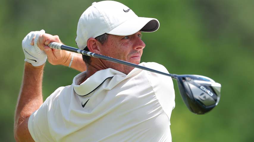 Rory McIlroy of Northern Ireland hits a tee shot on the 10th hole during the final round of the PGA Championship at Quail Hollow Country Club on May 18, 2025 in Charlotte, North Carolina. (Kevin C. Cox/Getty Images)