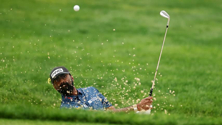 Sahith Theegala of the United States plays a shot from the bunker on the 13th hole during the second round of the Memorial Tournament presented by Workday 2025 at Muirfield Village Golf Club on May 30, 2025 in Dublin, Ohio. (Michael Reaves/Getty Images)