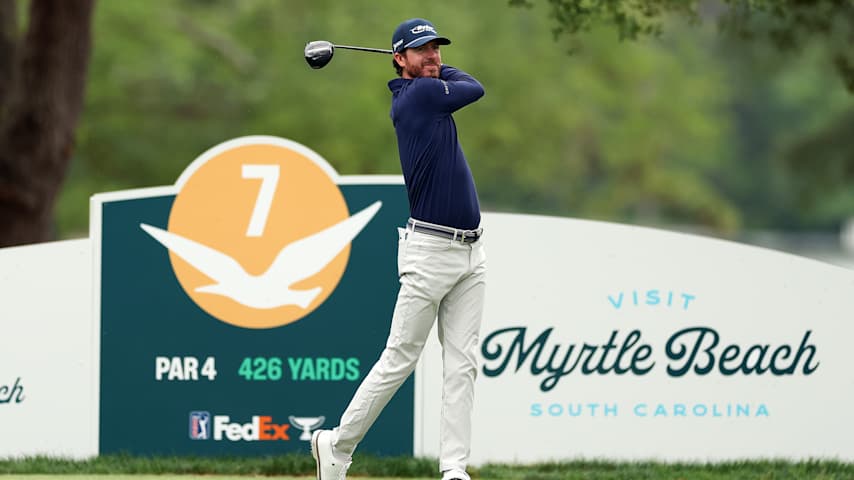 Sam Ryder of the United States plays his shot from the seventh tee during the third round of the ONEflight Myrtle Beach Classic 2025 at Dunes Golf & Beach Club on May 10, 2025 in Myrtle Beach, South Carolina. (Andy Lyons/Getty Images)