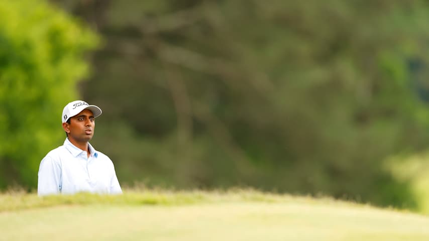 Sudarshan Yellamaraju of Canada reacts to his shot from the 16th bunker during the final round of the Visit Knoxville Open 2025 at Holston Hills Country Club on May 25, 2025 in Knoxville, Tennessee. (Johnnie Izquierdo/Getty Images)