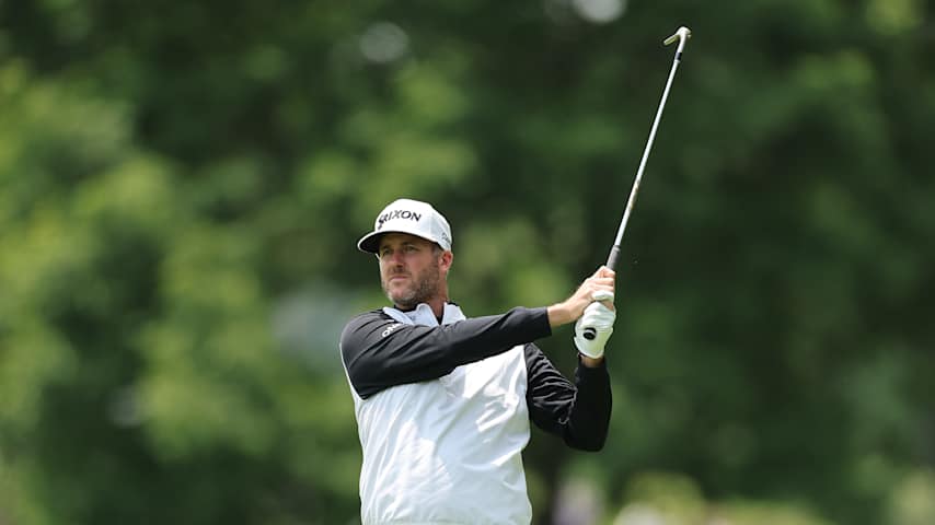 Taylor Pendrith of Canada plays a shot on the first hole during the third round of the Memorial Tournament presented by Workday 2025 at Muirfield Village Golf Club on May 31, 2025 in Dublin, Ohio. (Michael Reaves/Getty Images)