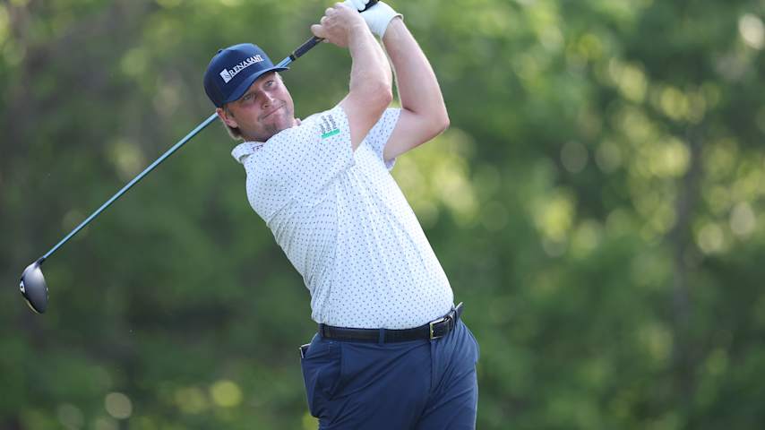 Trey Mullinax of the United States plays his shot from the sixth tee during the first round of the Charles Schwab Challenge 2025 at Colonial Country Club on May 22, 2025 in Fort Worth, Texas. (Sam Hodde/Getty Images)