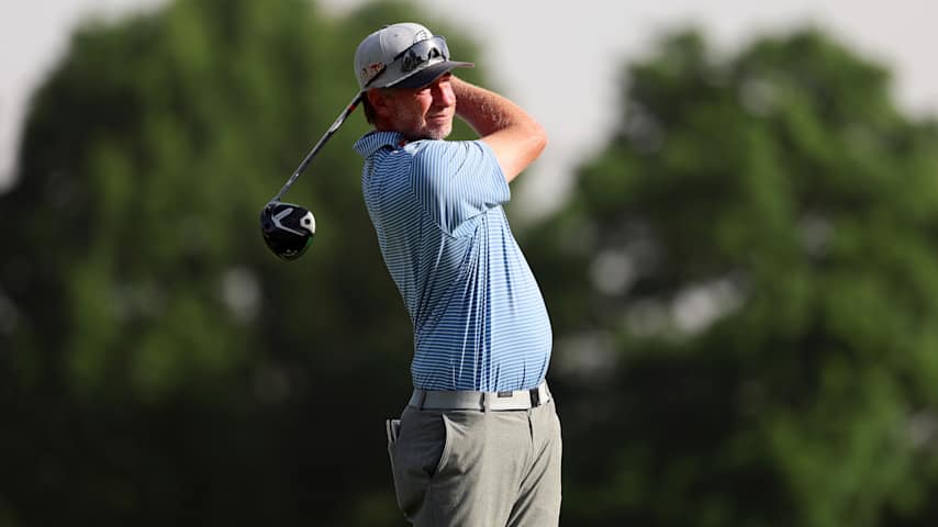 Vince Covello of the United States plays his shot on the fourth hole during the first round of the AdventHealth Championship 2025 at Blue Hills Country Club on May 15, 2025 in Kansas City, Missouri. (David Berding/Getty Images)