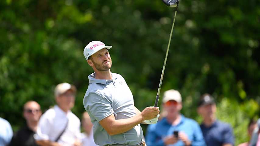 Wyndham Clark watches his tee shot on the 15th hole during the first round of the Memorial Tournament presented by Workday at Muirfield Village Golf Club on May 29, 2025 in Dublin, Ohio. (Ben Jared/PGA TOUR via Getty Images)