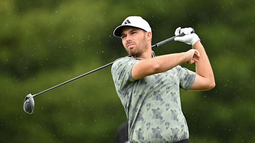 Aaron Wise of the United States plays a shot from the ninth tee during the first round of the RBC Canadian Open 2025 at TPC Toronto at Osprey Valley on June 05, 2025 in Caledon, Ontario. (Minas Panagiotakis/Getty Images)