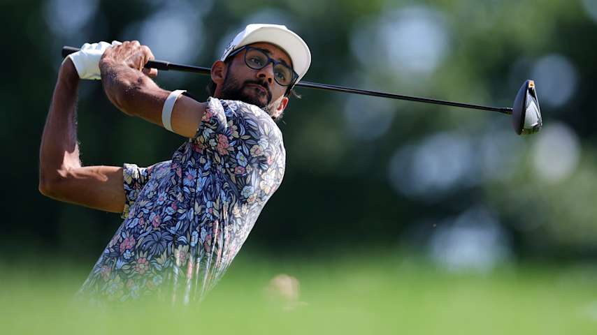 Akshay Bhatia of the United States plays his shot from the first tee during the second round of the Travelers Championship 2025 at TPC River Highlands on June 20, 2025 in Cromwell, Connecticut. (Andrew Redington/Getty Images)