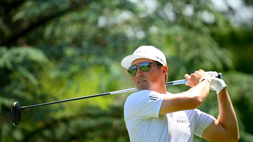 Ben Griffin of the United States plays his shot from the seventh tee during the final round of the Travelers Championship 2025 at TPC River Highlands on June 22, 2025 in Cromwell, Connecticut. (Alex Goodlett/Getty Images)