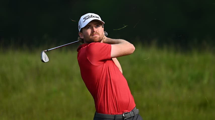 Danny Walker of the United States plays a shot on the eighth hole during the second round of the RBC Canadian Open 2025 at TPC Toronto at Osprey Valley on June 06, 2025 in Caledon, Ontario. (Minas Panagiotakis/Getty Images)