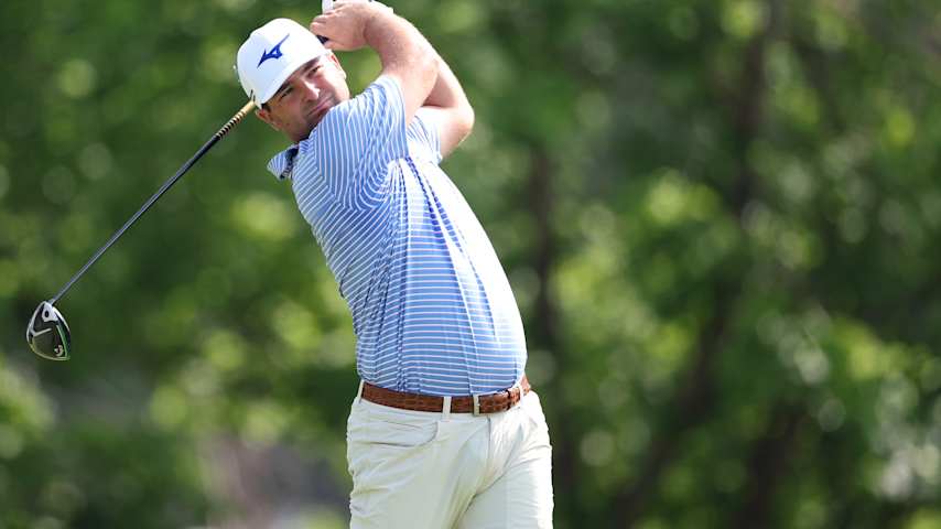 Greyson Sigg of the United States plays his shot from the sixth tee during the first round of the Charles Schwab Challenge 2025 at Colonial Country Club on May 22, 2025 in Fort Worth, Texas. (Sam Hodde/Getty Images)