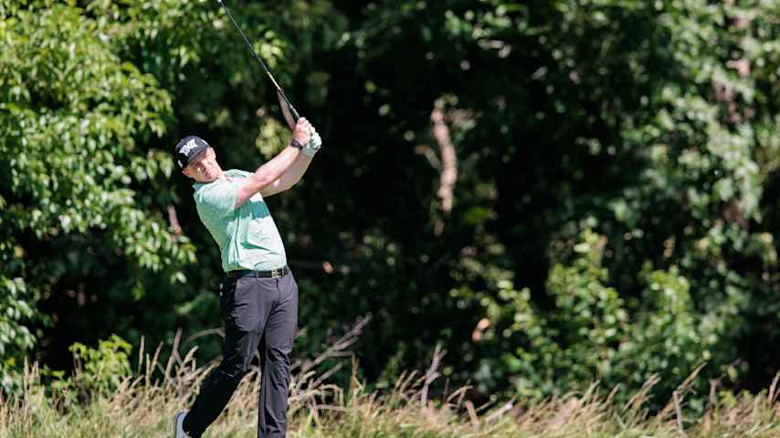 Mason Andersen tees off on the twelfth hole during the first round of the Blue Cross and Blue Shield of Kansas Wichita Open 2025 at Crestview Country Club on June 19, 2025 in Wichita, Kansas. (William Purnell/Getty Images)