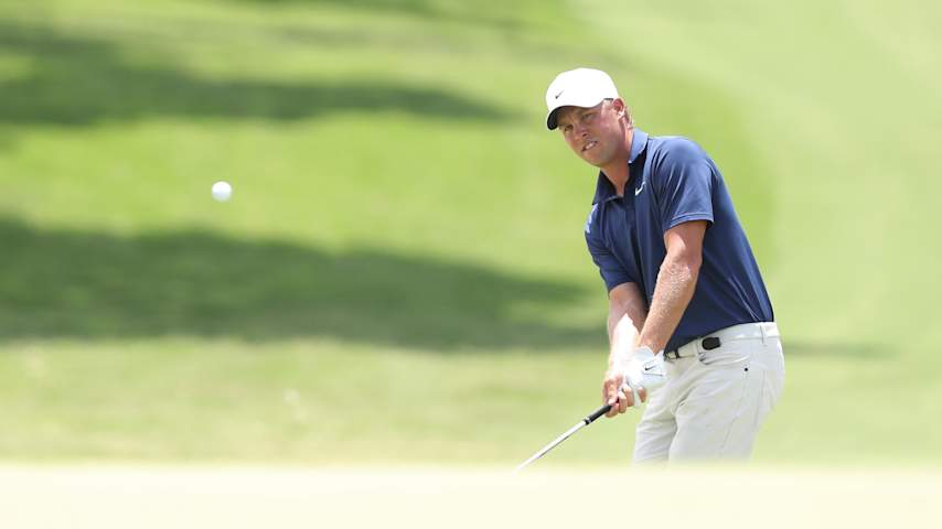 Nick Hardy of the United States chips onto the seventh green during the final round of the Charles Schwab Challenge 2025 at Colonial Country Club on May 25, 2025 in Fort Worth, Texas. (Raj Mehta/Getty Images)