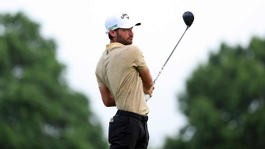 Noah Goodwin of the United States plays his shot on the fourth hole during the first round of the AdventHealth Championship 2025 at Blue Hills Country Club on May 15, 2025 in Kansas City, Missouri. (David Berding/Getty Images)