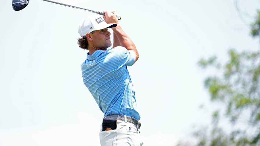 Taylor Moore of the United States plays his shot from the 14th tee during the first round of the Charles Schwab Challenge 2025 at Colonial Country Club on May 22, 2025 in Fort Worth, Texas. (Raj Mehta/Getty Images)
