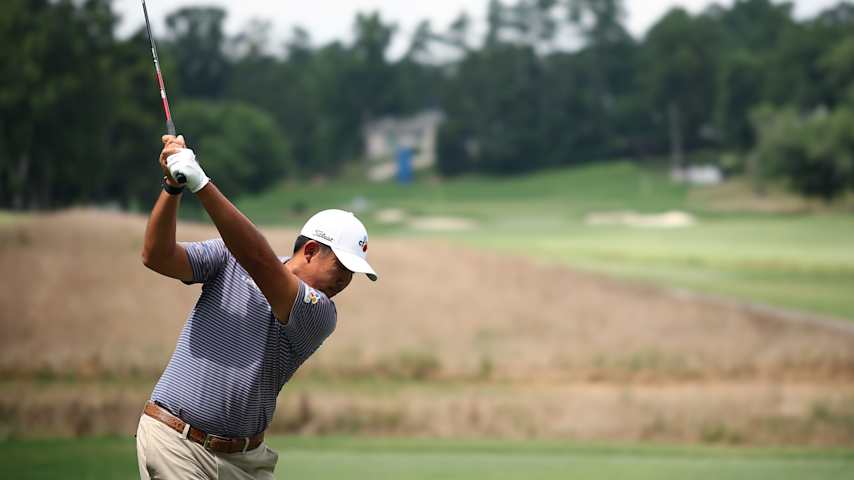 Byeong Hun An of South Korea plays his shot from the eighth tee during the second round of the Wyndham Championship 2025 at Sedgefield Country Club on August 01, 2025 in Greensboro, North Carolina. (Jared C. Tilton/Getty Images)