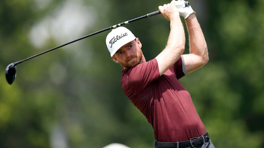Danny Walker of the United States plays his shot from the 11th tee during the second round of the Wyndham Championship 2025 at Sedgefield Country Club on August 01, 2025 in Greensboro, North Carolina. (Johnnie Izquierdo/Getty Images)