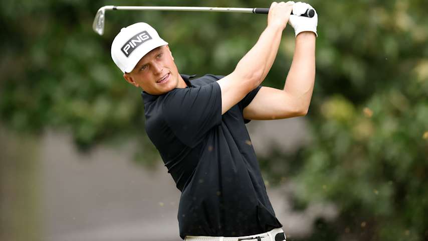 William Mouw of the United States plays his shot from the sixth tee during the third round of the Wyndham Championship 2025 at Sedgefield Country Club on August 02, 2025 in Greensboro, North Carolina. (Johnnie Izquierdo/Getty Images)