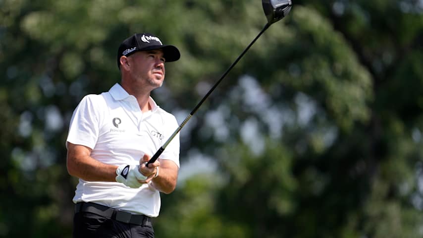 Brian Harman of the United States plays his shot from the third tee during the first round of the Charles Schwab Challenge 2025 at Colonial Country Club on May 22, 2025 in Fort Worth, Texas. (Raj Mehta/Getty Images)