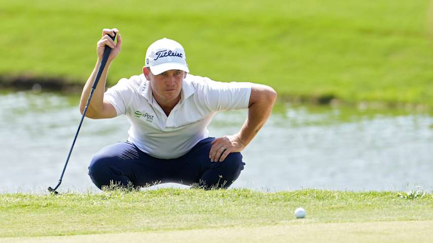 Bud Cauley of the United States lines up a putt on the 18th green during the third round of the Charles Schwab Challenge 2025 at Colonial Country Club on May 24, 2025 in Fort Worth, Texas. (Raj Mehta/Getty Images)