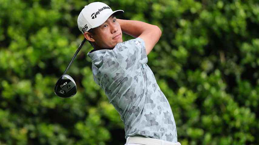 Collin Morikawa of the United States hits a tee shot on the 12th hole during the second round of the PGA Championship at Quail Hollow Country Club on May 16, 2025 in Charlotte, North Carolina. (Alex Slitz/Getty Images)