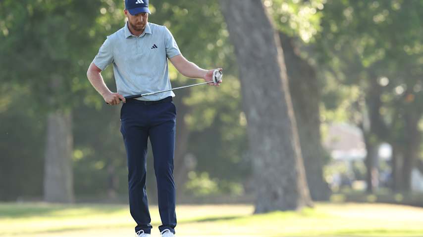 Daniel Berger of the United States lines up a putt on the tenth green during the second round of the Charles Schwab Challenge 2025 at Colonial Country Club on May 23, 2025 in Fort Worth, Texas. (Sam Hodde/Getty Images)