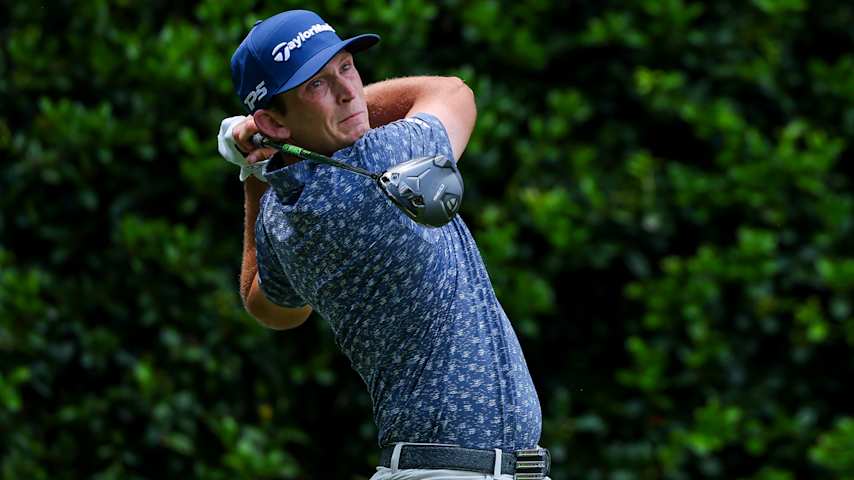 Jacob Bridgeman of the United States hits a tee shot on the 12th hole during the first round of the PGA Championship at Quail Hollow Country Club on May 15, 2025 in Charlotte, North Carolina. (Kevin C. Cox/Getty Images)