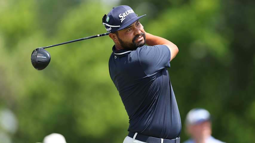 J.J. Spaun of the United States hits a tee shot on the third hole during the final round of the Charles Schwab Challenge 2025 at Colonial Country Club on May 25, 2025 in Fort Worth, Texas. (Sam Hodde/Getty Images)