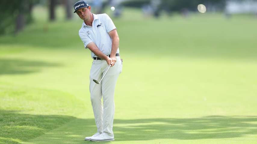 J.T. Poston of the United States chips onto the fifth green during the final round of the Charles Schwab Challenge 2025 at Colonial Country Club on May 25, 2025 in Fort Worth, Texas. (Sam Hodde/Getty Images)