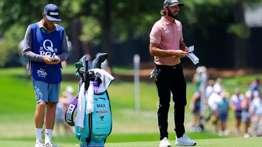 Max Homa of the United States prepares for a shot with caddie, Bill Harke, on the ninth hole during the final round of the PGA Championship at Quail Hollow Country Club on May 18, 2025 in Charlotte, North Carolina. (Kevin C. Cox/Getty Images)