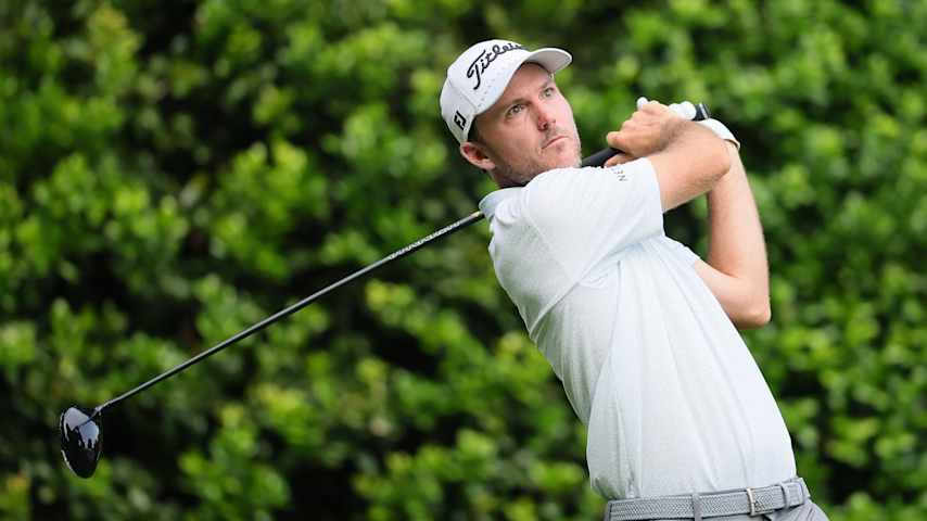 Russell Henley of the United States hits a tee shot on the 12th hole during the second round of the PGA Championship at Quail Hollow Country Club on May 16, 2025 in Charlotte, North Carolina. (Alex Slitz/Getty Images)