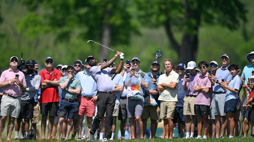 Sahith Theegala plays a shot on the second hole during the first round of Truist Championship at The Philadelphia Cricket Club (Wissahickon Course) on May 8, 2025 in Flourtown, Philadelphia. (Ben Jared/PGA TOUR via Getty Images)