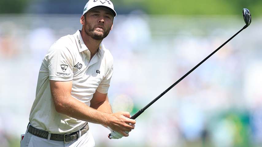 CHARLOTTE, NORTH CAROLINA - MAY 18. Sam Burns of the United States hits his second shot on the 10th hole during the final round of the PGA Championship at Quail Hollow Country Club on May 18, 2025 in Charlotte, North Carolina. (David Cannon/Getty Images)