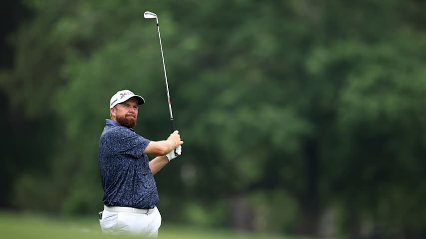 Shane Lowry of Ireland watches an approach shot on the ninth hole during the second round of the PGA Championship at Quail Hollow Country Club on May 16, 2025 in Charlotte, North Carolina. (Jared C. Tilton/Getty Images)