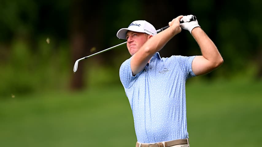 Tom Hoge of the United States plays a shot on the 12th hole prior to the PGA Championship at Quail Hollow Country Club on May 13, 2025 in Charlotte, North Carolina. (Ross Kinnaird/Getty Images)