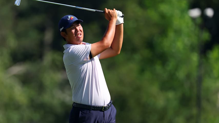 Byeong Hun An of South Korea plays his shot from the ninth tee during the first round of the Rocket Classic 2025 at Detroit Golf Club on June 26, 2025 in Detroit, Michigan. (Gregory Shamus/Getty Images)