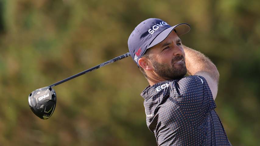 Denny McCarthy of the United States tees off on the second hole on day one of the Genesis Scottish Open 2025 at The Renaissance Club on July 10, 2025 in North Berwick, Scotland. (Andrew Redington/Getty Images)
