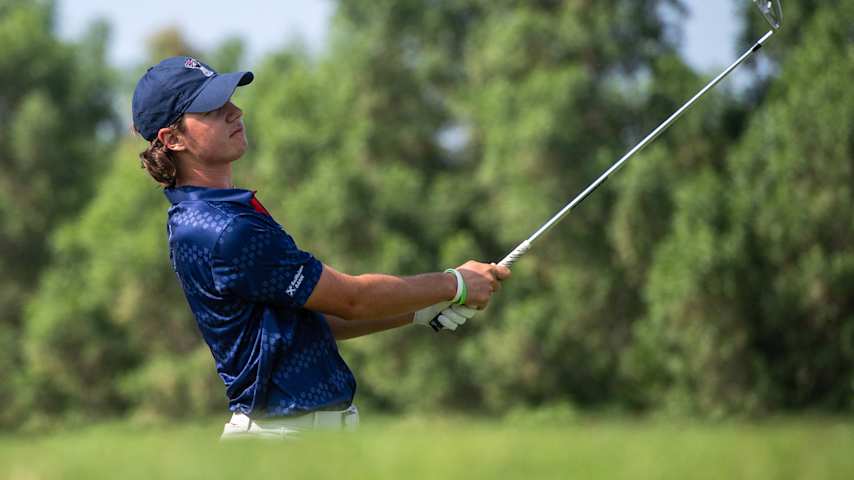 Filip Jakubcik of the Czech Republic tees off at the seventh hole during the 2023 World Amateur Team Championships - Eisenhower Trophy at Abu Dhabi Golf Club on October 18, 2023 in Abu Dhabi, United Arab Emirates. (Martin Dokoupil/Getty Images)