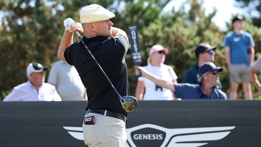 Harry Hall of England tees off on the second hole on day three of the Genesis Scottish Open 2025 at The Renaissance Club on July 12, 2025 in North Berwick, Scotland. (Christian Petersen/Getty Images)