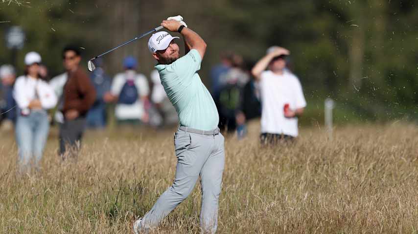 Jordan Smith of England plays his second shot on the 18th hole on day two of the Genesis Scottish Open 2025 at The Renaissance Club on July 11, 2025 in North Berwick, Scotland. (Warren Little/Getty Images)