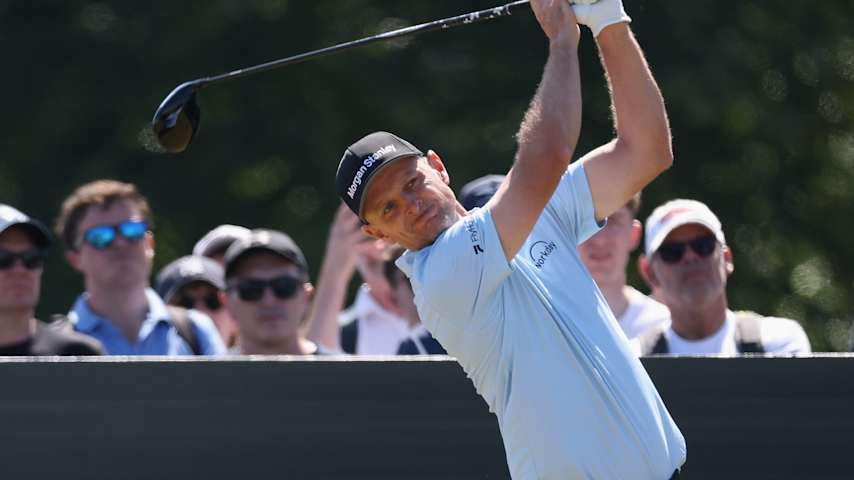 Justin Rose of England plays a tee shot on the second hole on day three of the Genesis Scottish Open 2025 at The Renaissance Club on July 12, 2025 in North Berwick, Scotland. (Christian Petersen/Getty Images)