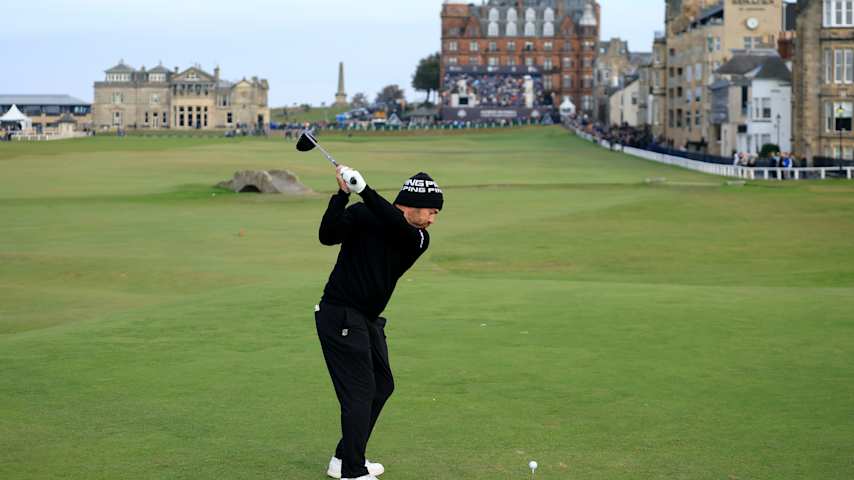 Louis Oosthuizen of South Africa plays his tee shot on the 18th hole during the third round of the Alfred Dunhill Links Championship 2024 on The Old Course at St Andrews on October 05, 2024 in St Andrews, Scotland. (David Cannon/Getty Images)