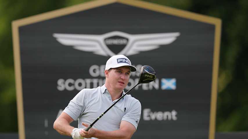 Matt McCarty of the United States tees off on the fourth hole on day one of the Genesis Scottish Open 2025 at The Renaissance Club on July 10, 2025 in North Berwick, Scotland. (Andrew Redington/Getty Images)