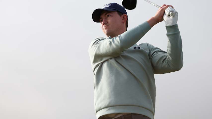 Maverick McNealy of the United States tees off on the 11th hole on day one of the Genesis Scottish Open 2025 at The Renaissance Club on July 10, 2025 in North Berwick, Scotland. (Christian Petersen/Getty Images)