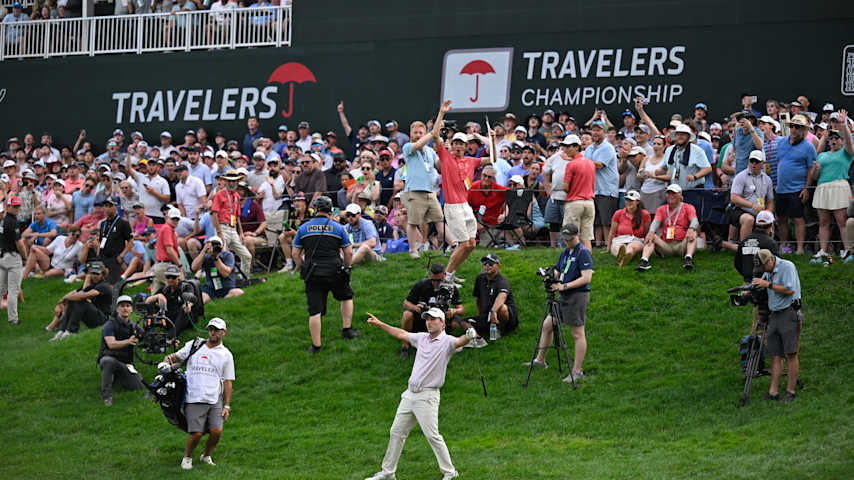 Russell Henley reacts to his chip in on the 18th green during the final round of the Travelers Championship at TPC River Highlands on June 22, 2025 in Cromwell, Connecticut. (Ben Jared/PGA TOUR via Getty Images)