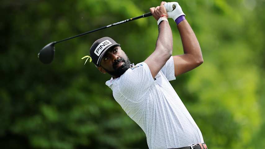 Sahith Theegala of the United States plays a shot from the 15th tee during the first round of the Memorial Tournament presented by Workday 2025 at Muirfield Village Golf Club on May 29, 2025 in Dublin, Ohio. (Michael Reaves/Getty Images)
